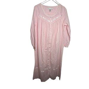 Eileen West long pink cotton nightgown satin trim & bows tiny poka dots XS vtg